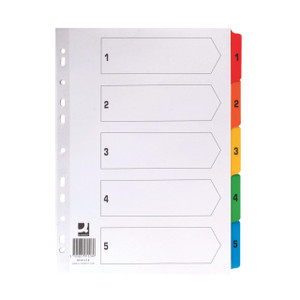 CW Office Q-Connect 1-5 Index Multi Tab WHT A4, white index divider with 5 colorful tabs numbered 1 to 5 for organizing documents.