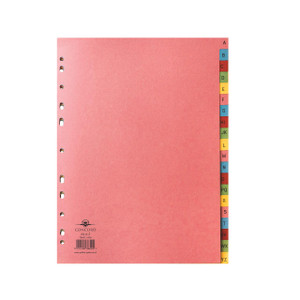 CW Office Concord Index A-Z 20-PART Assorted, pink index divider with multicolored alphabet tabs on the right side.