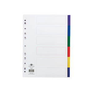 CW Office Concord 6 Part Divider Coloured Tabs, a pack of dividers with multicoloured tabs for organizing files.