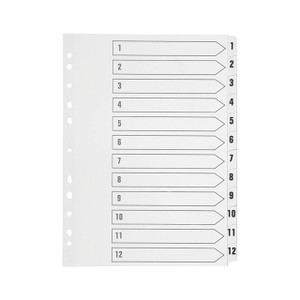 CW Office Q Connect Index 1-12 Polyprop White, white plastic index divider with numbered tabs from 1 to 12 for office filing and organization.