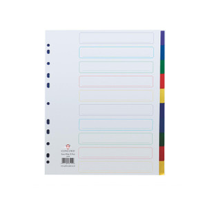 CW Office Concord 10 Pt Extra Wide Divider PP, an image of a white plastic divider with colored tabs on the right side for organization and multiple horizontal lines for labeling or notes.
