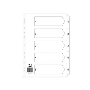 CW Office Q-Connect Index 1-5 Board WH, pack of 50, white index divider with numbered tabs from 1 to 5 for organizing documents.