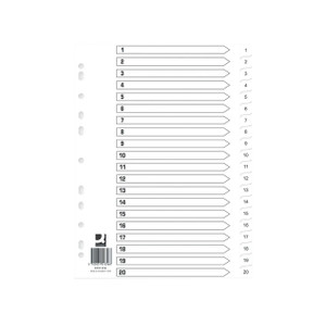 CW Office Q-Connect Index 1-20 Polyp WHT PK10, pack of white plastic index dividers with numbered tabs from 1 to 20 for organizing documents.