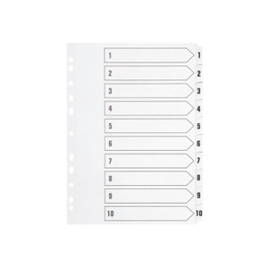CW Office Q Connect Index 1-10 Brd Reinf White, white reinforced index dividers with numbered tabs from 1 to 10.