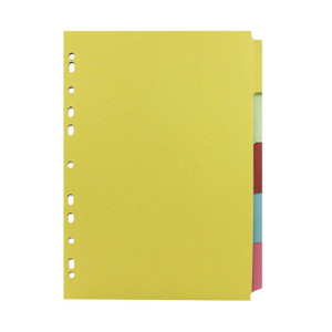 CW Office Q-Connect A4 5PRT Subject Dividers PK50, yellow divider pages with multicolored tabbed section dividers on the side.