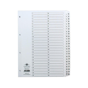 CW Office Concord Classic Index 1-50 A4 WHT, white index dividers with numbered tabs from 1 to 50, designed for organizing A4-sized documents.