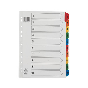 CW Office A4 Mylar Index 1-10 Assorted, white index dividers with color-coded tabbed labels for organizing documents.