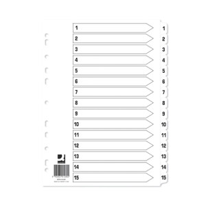 CW Office Q-Connect Index 1-15 Board Reinf WHT, a white index organizer with numbered tabs from 1 to 15 for filing and organizational purposes.