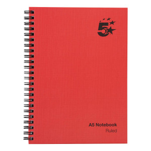 CW Office Wbnd Notebook Rld 160PG A5 Red PK5, A5 size ruled notebooks with red cover and black spiral binding.
