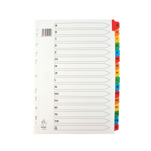 CW Office A4 Mylar A-Z Assorted Index, transparent index with color-coded tabs for each alphabet letter.