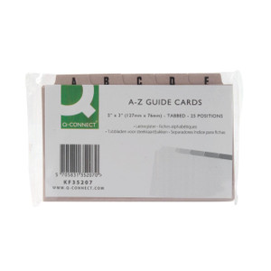 CW Office Q Connect Guidecards 5X3 A-Z Bf PK25, set of 25 alphabetical tabbed guidecards in transparent packaging.