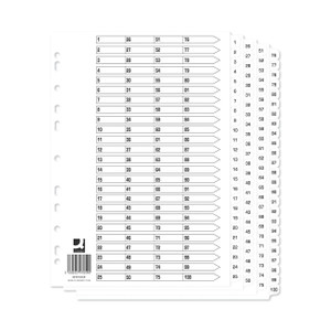 CW Office Q-Connect A4 1-100 Mylar Index PK10, pack of ten transparent plastic index dividers with numbered tabs from 1 to 100 for organizing documents.