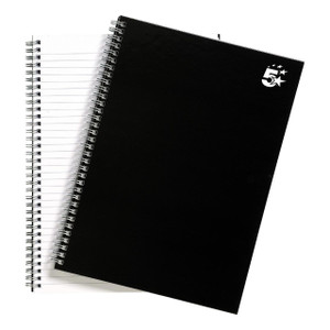 CW Office Wbnd Notebook Rld 140PG A4 BLK PK5, black spiral-bound notebooks with 140 pages each, suitable for office and school use.