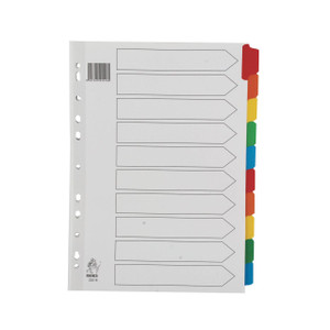 CW Office Np A4 Mylar Divider 10PART Multi, white A4 size divider with ten colorful tab sections for organizing documents.