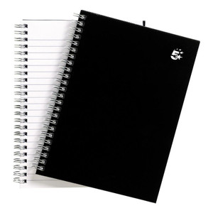 CW Office Wbnd Notebook Rld 80GSM A5 BLK PK5, black spiral-bound notebooks with white lined pages for note-taking and writing.