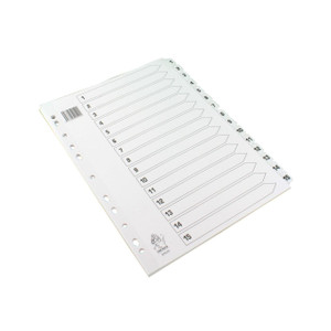CW Office White A4 1-15 Mylar Index Dividers, white four-ring binder dividers with numbered tabs from 1 to 15 for organizing documents.