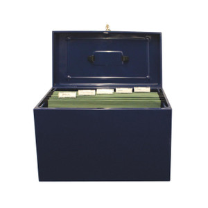 CW Office Cathedral FSCAP Metal File Box Blue, open metal file storage box with labeled hanging file folders inside.
