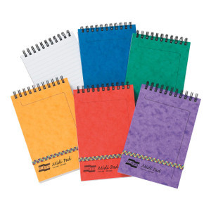 CW Office Europa Midi Pad Assorted A PK10, set of colorful spiral-bound notepads in orange, red, purple, green, blue, and white with ruled pages for writing and note-taking.