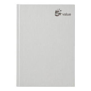 CW Office Casebound Notebook Rld 192PG A5 PK5, white hardcover notebook with a textured surface and '5-star value' logo on the cover.