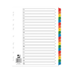 CW Office Q-Connect EW Index A-Z Multicol P15, colorful alphabet index dividers in red, orange, yellow, green, and blue for organizing files.