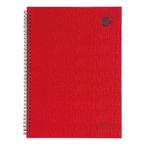 CW Office Wbnd Notebook Rld 160PG A4 Red PK5, a red spiral-bound notebook with 160 pages designed for writing and note-taking, featuring a textured cover with a black number 5 and star logo on the top right corner.