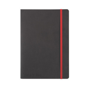CW Office Black N Red Soft Cover Notebook A5, black notebook with textured cover and a red elastic band for closure.