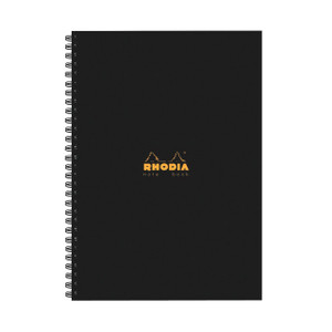 CW Office Rhodia BUS Book A4 Wbnd Hb Nbk Bk P3, a black wire-bound notebook with the Rhodia logo in gold on the cover.