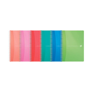 CW Office Oxford Office Wb Notebk ASST A5 PK5, set of five colorful A5 notebooks with spiral binding in red, pink, blue, green, and yellow.
