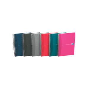 CW Office Oxford Office WB Card Notebook A5 Pack of 5, colorful spiral-bound notebooks in blue, black, gray, red, teal, and pink, ideal for office or school use.