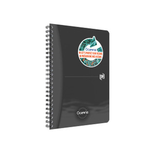 CW Office Oxford Oceanis Wb Ntbk Ruled A5 BLK, black spiral-bound notebook with ocean-themed sticker, for note-taking and journaling.