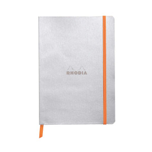 CW Office Rhodiarama Notebook 80 Pages A5 SLV, light gray cover with orange elastic closure and bookmark, minimalist design, compact size suitable for note-taking and journaling.
