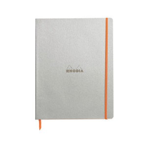 CW Office Rhodiarama Notebook 80 Pages A4+ SLV, light grey hardcover notebook with an orange elastic band and ribbon bookmark for stationery and writing.