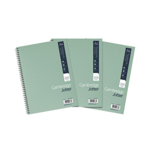 CW Office Cambridge Jotter Notepad A4 200 pages pack of 3, light green notebooks with spiral binding and modern design.