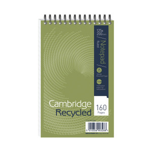 CW Office Recycled Spiral Notepad 125X200 PK10, green recycled notepad with spiral binding and perforated pages for easy pullout.