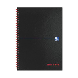 CW Office Black N Red Wire Hb Rule Ntbk A4 PK5, black hardcover notebook with red wire binding and the Oxford logo on the cover