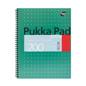 CW Office Pukka Rld Metallic Jotta Pad A4 PK3, spiral-bound notebook with a green cover, white dotted pattern, and product label indicating 200 pages of premium quality writing paper.