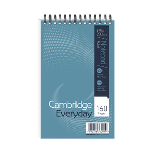 Product CW Office Cambridge 125X200MM Spiral N/Pd PK10, spiral bound notebook with perforated white pages in a blue cover with dotted design, 160 pages.