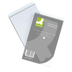 CW Office Q-Connect Shorthand Notebook, white ruled feint notebooks with 150 leaves and spiral binding.