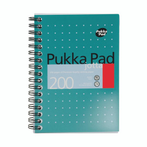 CW Office Pukka A6 Metallic Jotta Pd JM036 PK3, spiral-bound notebook with metallic teal cover and white dots, featuring the Pukka Pad logo, suitable for premium quality writing and note-taking.