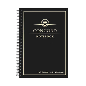 CW Office Concord A5 Jotta N/Book 140PG Bk PK5, black notebook with white text and emblem design.