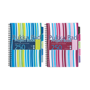 CW Office Pukka Project Book A4 BLU Pnk PK3, two colorful A4-sized spiral-bound project books with striped covers and side tabs for organization.