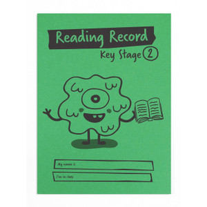 CW Office Reading Record Book KS2 PK30, green cover with cartoon monster holding an open book and space for student name and class.