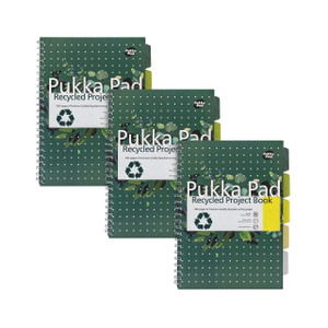 CW Office Pukka Pad RCYC Project Book A4 PK3, green recycled project notebooks with spiral binding and colored divider tabs.