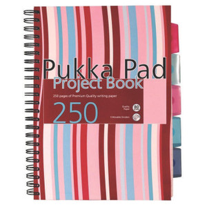 CW Office Pukka Pad A4 Proj Book Hb 250P PK3, colorful striped project notebook with five colored divider tabs on the right side.