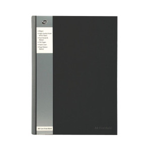 CW Office Pukka Pad Proj Book A4 250SH Bk PK3, black hardcover project notebook with label on the spine indicating A4 size and feint ruled pages.