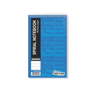 CW Office Silvine Shorthand Book 5X8 150LF PK6, blue spiral-bound notebook with lined pages and black label indicating 160 lined pages, ideal for note-taking and shorthand writing.