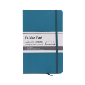 Product CW Office Pukka Pad Sig Sft Cvr Nbk A5 Teal, a teal soft cover notebook with elastic closure and a white label featuring product details and a notebook illustration.