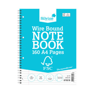 CW Office Silvine Everyday A4 Wbnd Notebk PK5, blue wire bound notebook with 160 A4 pages, FSC certified paper, lined with margin, punched 4 holes, perforated for easy tear, ideal for note-taking and stationery needs.