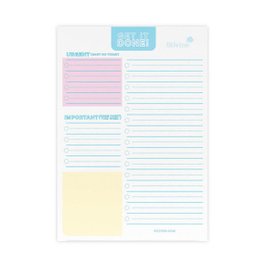 CW Office Silvine Luxpad Things To Do Pad A5, image of a white A5 notebook page with colorful sections for notes, tasks, and important points, featuring blue and pink accents.