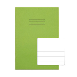 CW Office Rhino A4 Ex Book PLAIN/15MM GRN PK50, a pack of 50 green A4 exercise books with plain pages and 15mm ruling for school and office use.